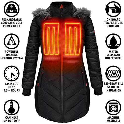 image for ActionHeat 5V Battery Heated Long Puffer Jacket for Women w/Faux-Fur H
