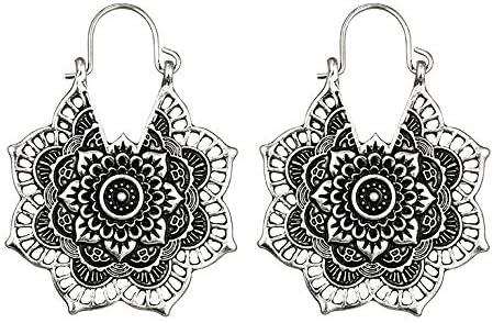 Womens Vintage Bohemian Antique Hollow Out Large Flower Long Dangle Ear Stud Earrings Retro Style Silver Gold (Silver)