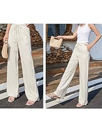 Pantalones de lino para dama, casuales, sueltos, rectos, cintura elástica, con bolsillos