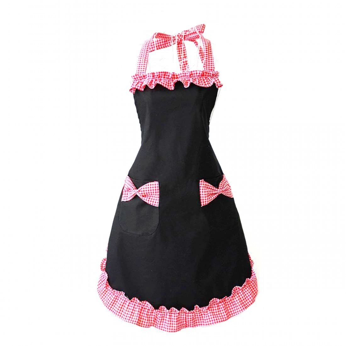 CCHAMP Cute Girls Black Apron with Pockets, red Bowknot Apron for Women, lady kitchen apron with red plaided ruffles hem for Cooking Baking BBQ Cafe Waiter Bartender Chef Apron