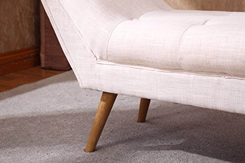 Upholstered Bedroom Bench with Arms, Tufted Fabric Linen Vanity Bench with Rubber Wood Legs, Beige - Thumbnail 4