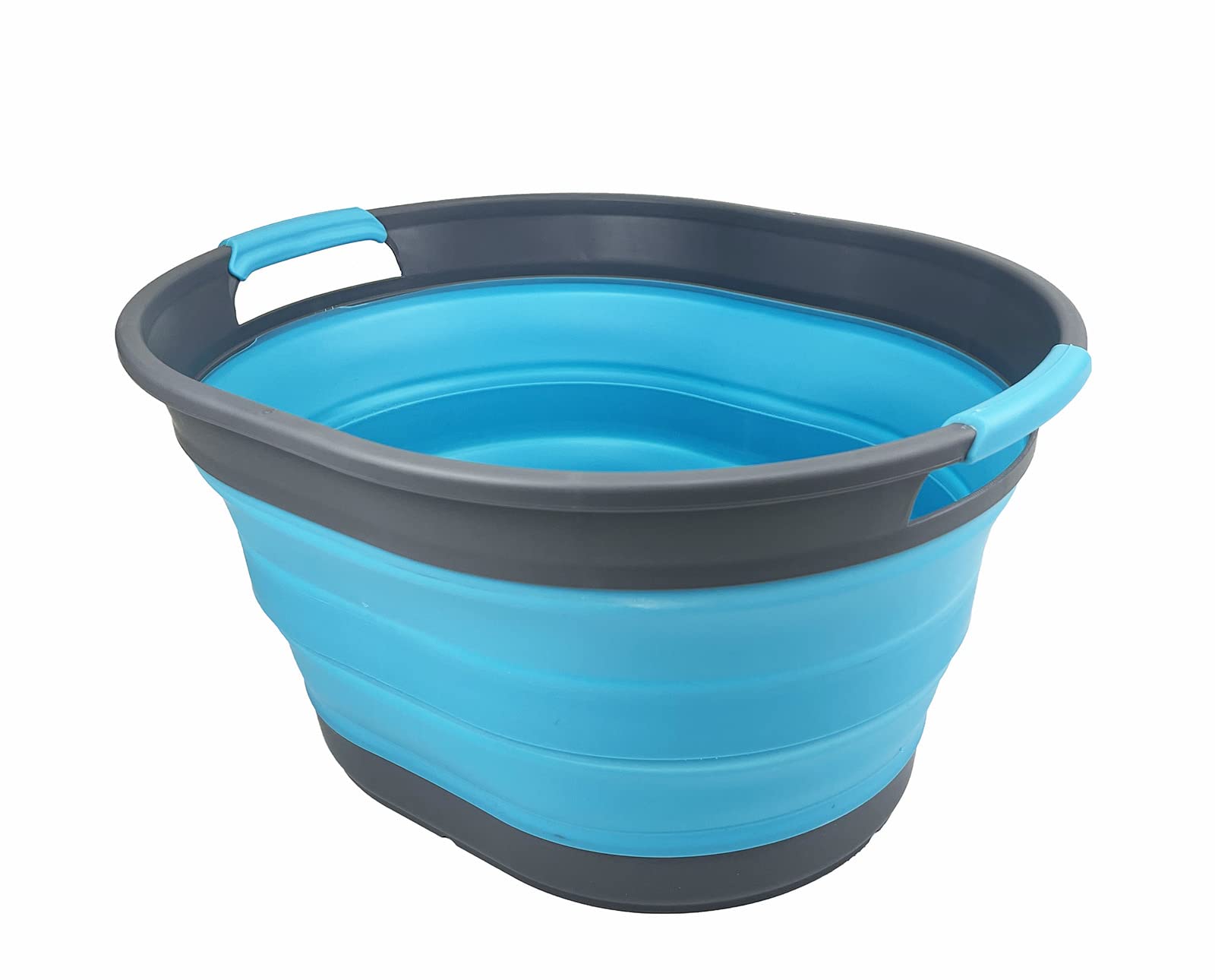 SAMMART - 23L Collapsible Plastic Laundry Basket - Oval Tub/Basket - Foldable Storage Container/Organizer - Portable Washing Tub - Space Saving Laundry Hamper (1, Grey/Ocean Blue)