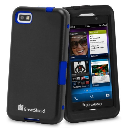 GreatShield TUFF Series Dual Layer Hybrid Kickstand Case with Swivel Belt-Clip and Holster for Blackberry Z10 (Black & Blue)