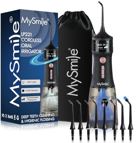 MySmile LP221 UVC Sterilizable Cordless Water Flossers for Teeth 335ML Portable OLED Display Dental Flosser with 4 Modes 8 Jet Tips and a Storage Pouch for Home and Travel (Midnight Black)