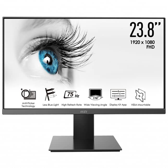 MSI PRO MP241X Monitor 23,8", FHD (1920x1080), 75Hz, 8ms (GTG), MSI Eye Care (antisfarfallio, Less Blue Light, schermo antiriflesso), Pannello VA, VESA 75x75, 1x HDMI (1.4), 1x VGA