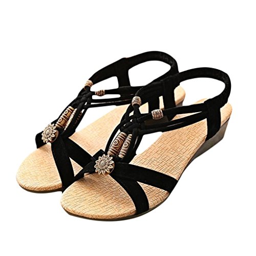 Women Flat Shoes,Women's Casual Peep-Toe Flat Buckle Shoes Roman Summer Beach Sandals 39 Yards Sandals (US:7, Black)