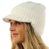 Men Earflap Berber Lined Ribbed Knit Peak Visor Ski Skull Beanie Hat Cap White