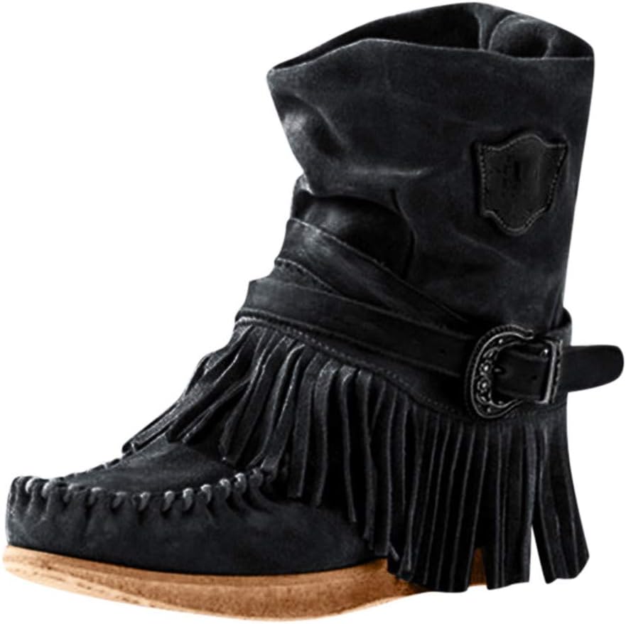 Toimothcn Womens Cowboy Bootie Round Toe Low Heel Faux Suede Western Fringe Mid-Calf Boot Shoes