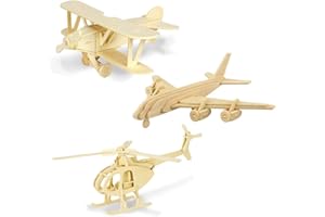 Georgie Porgy 3D Wooden Puzzles for Kids Toys Construction Woodcraft Kits DIY Model Puzzle Kits Birthday Gifts Pack of 3 (Biplane Helicopter Civil Airplane)