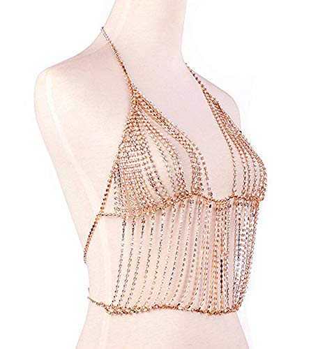 KimYoung Women Rhinestone Body Chain Jewelry Sexy Chain Skirt Bikini Chain Bra for Nightclub Party Beach (Rose Gold Body Chain - Bra)