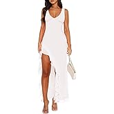 MIYIEONZ Women Sexy V Neck Sleeveless Mesh Ruffle Hem Bodycon Maxi Dress Casual Y2K Backless High Slit Cocktail Party Club Dress White
