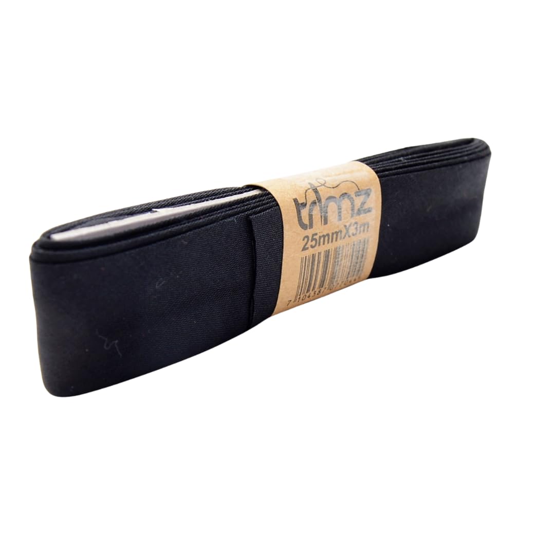 Trimz Polycotton Bias Binding Tape – Black, 25mm x 3m | Double Fold Fabric Edging for Sewing, Quilting & Dressmaking