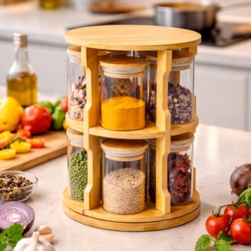 360° Rotating Spice Rack Organizer – 10 Glass Jars (200ml Each) with Bamboo Wooden Stand – Kitchen Countertop Storage Carousel – Space Saving Masala Organizer