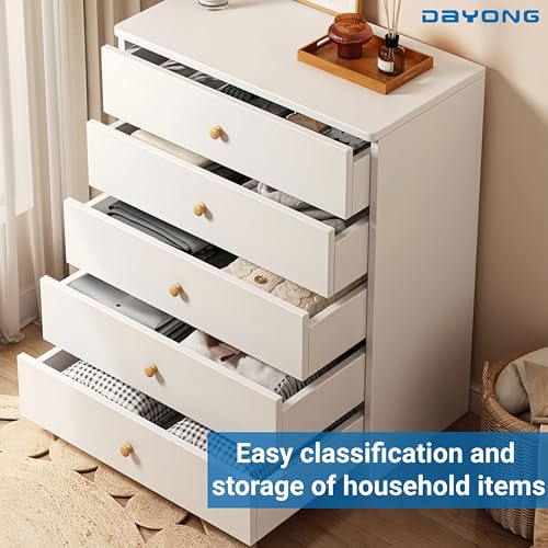 DAYONG 5 Chest of Drawers, Bedroom Chests of Drawer, Desk Chest of Drawer, Wooden Storage Cabinet, Modern Bedroom Furniture, Vertical Storage Drawers for Hallway Sofas Living Room. (white-60*32*77CM)