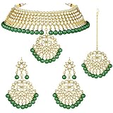 Jwellmart Indian Bridal Choker Necklace Set - CZ Stone Kundan Jewelry With Earrings & Maang Tikka, Green - View #3