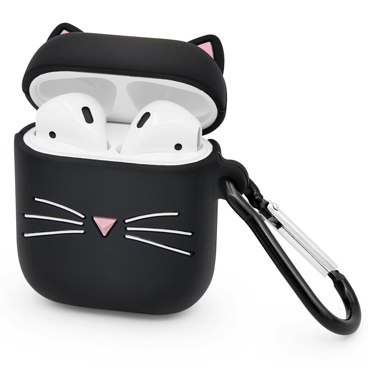 Photo 1 of Megantree Cute Airpods Case, Airpods 2 Case, Black Whisker Cat Kitty Funny Kawaii 3D Cartoon Animals Full Protection Shockproof Soft Silicone Charging Case Cover with Keychain for Girl Women Kids