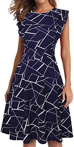 Women's Vintage Ruffle Floral Flared A Line Swing Casual Cocktail Party Dresses with Pockets