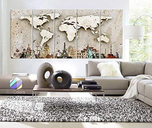 Original by BoxColors Xlarge 30"x 70" 5 Panels 30x14 Ea Art Canvas Print Original Wonders of the world Wall Texture Map travel Wall decor Home interior (framed 1.5" depth)