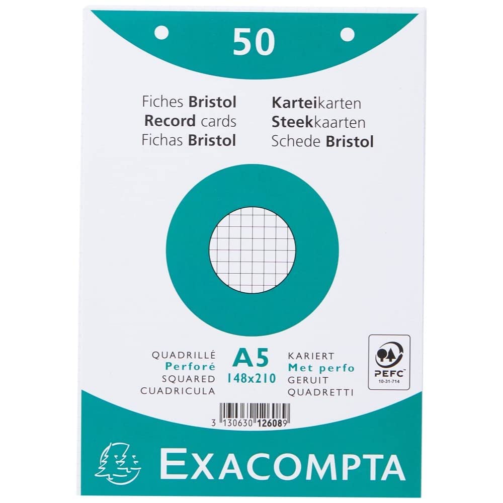 Exacompta - Ref 12608E - Bristol Squared Record Cards (Pack of 50) - A5 in Size, 205gsm Card, Compatible with Printers - Suitable for Exam Revision & Notes - White