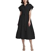 YEXPINE Women's Belted Shirt Midi Dress Casual Short Wing Sleeve Button Down Lapel V Neck Dress