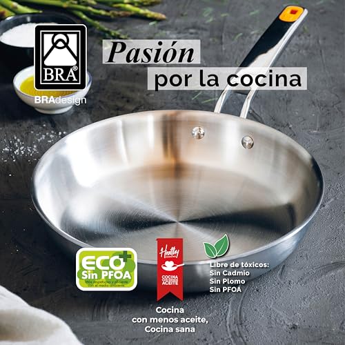 BRA Efficient Inox | Wok 28 cm, Three-Layer (18/10 Stainless Steel Interior + Aluminium Interior + 18/0 Magnetic Stainless Steel Exterior), Induction Safe, Non-Stick, Riveted Handle
