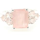 Natural Pink Rose Quartz 925 Sterling Silver Wedding Ring Size 8, 8.5