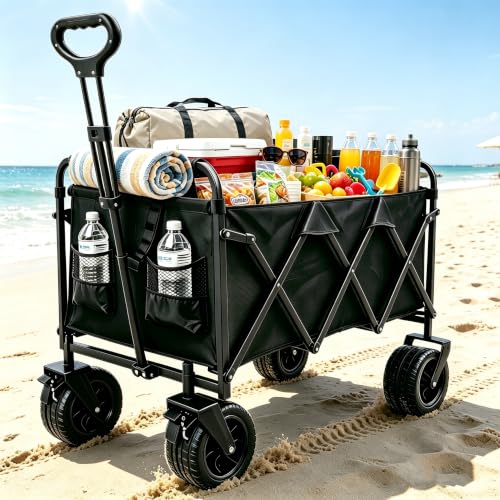 Tule Tuowu 500lbs Large Capacity Collapsible Festival Trolley on Wheels | Heavy Duty Wagon with All-Terrain Wheels,Brakes & Automatic Rebound Handle for Camping,Outdoor,Garden,Shopping