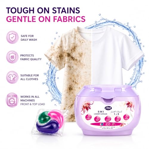 VON 5 in 1 Laundry Pods 18 Count Pack of 4 – 72 Pods Total | Powerful Laundry Detergent Liquid Capsules with Deep Clean, Stain Removal, Softener, Color Protection & Long Lasting Lily Scent Freshness
