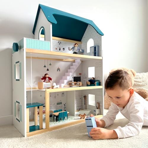 OOOK Wooden Dollhouse with Elevator, Large Doll House for Girls from 3 Years, Includes 21 Furniture, 4 Family Dolls and a Dog