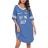 KAMONG Sleep Shirts for Women Short Sleeve Cotton Novelty Night Shirts V Neck Oversized Nightgowns Cute Printed Nightdress
