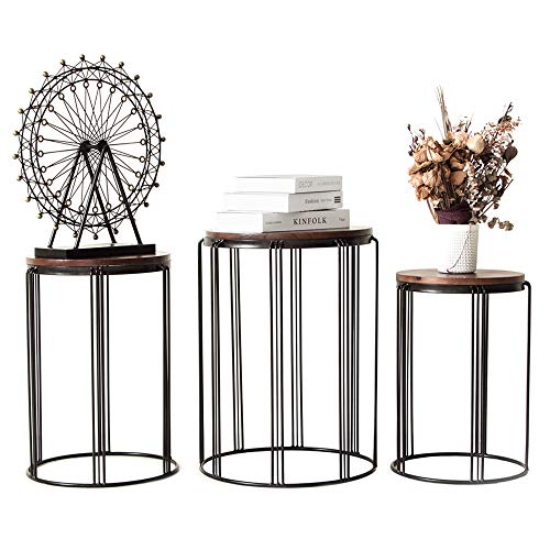 Y&M Round Metal Garden Stool,Side Table for Indoor Outdoor Use,Plant Stand,Set of 3 (Wood Color)