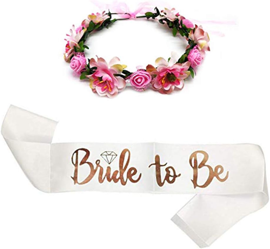 SEWEI Bride to Be Sash Headband Bachelorette Bride Tribe Bridal Shower Wedding Party favor Supplies (Pink rose)