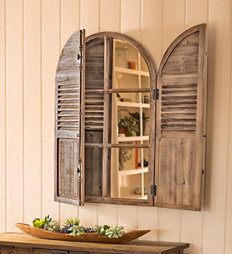 Distressed Wood Frame Mirror with Shutter Doors