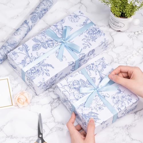 Larcenciel Tissue Paper Roll Vintage Floral, Blue and White Tissue Paper for Gift Bag Filler, Artistic Gift Packaging for Wedding, Birthday, Party, Craft, 10 M×43 CM