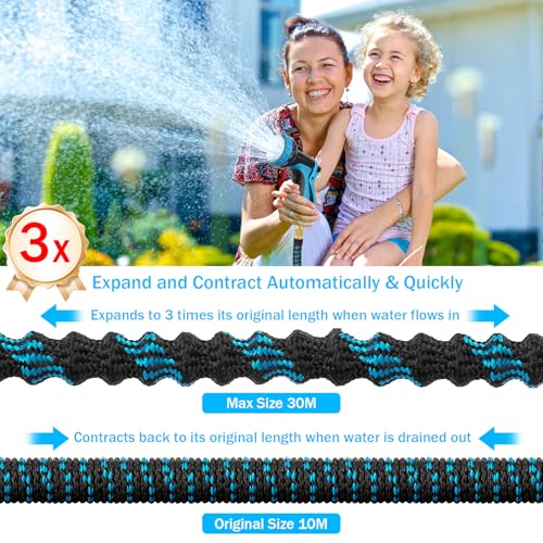 30 m Expandable Garden Hose with 1/2 Inch and 3/4 Inch Adapter, 10 Functions Spray Gun, Bracket, Garden Irrigation, Cleaning Gardening, Car Washing