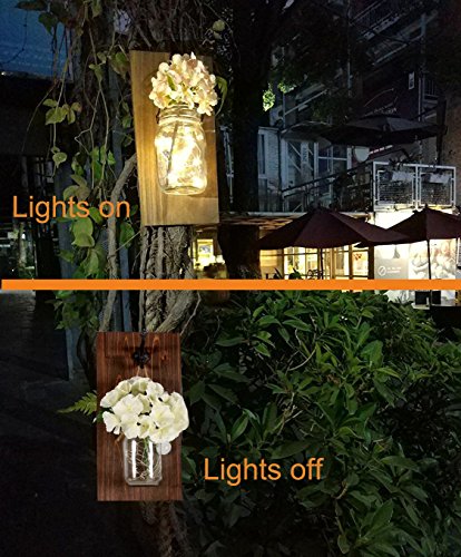 sexyrobot Wall Decor Hanging Hydrangea Mason Jar Sconces with Iron Hooks, Rustic Wooden Board, Silk Hydrangea Flower, LED Strip Lights with Batteries Included Home Decor, 2 PCS - Thumbnail 4