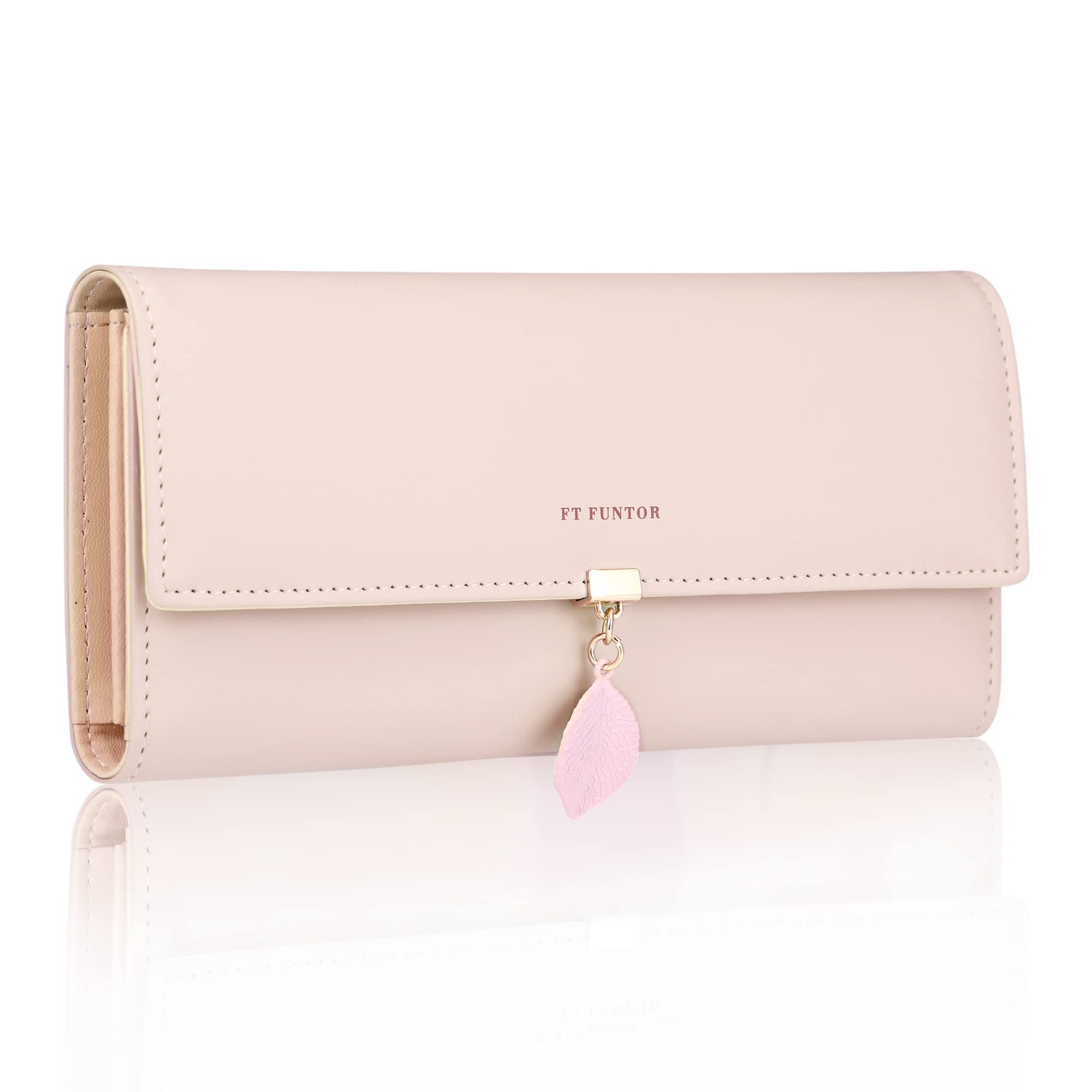 FT FUNTOR PU Leather Wallet for Women RFID Blocking Ladies Leaf Pendant Coin Zipper Long Purse with Multiple Card Slots and Card Holders Phone Pocket (Pink)