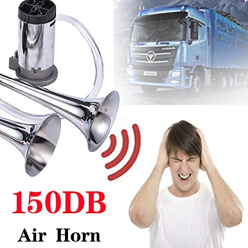 MKING 12V 150dB Car Air Horn Kit, Super Loud Twin Tone Chrome Plated Zinc Dual Trumpet Air Horn with Compressor for Any 12V Vehicles Car Truck RV Van SUV Motorcycle Off Road Boat (Silver)