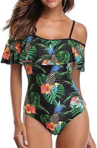 Women Onepiece Flounce Swimsuit Pineapple Printed Off Shoulder Bikini Bathing Suit S-XL (Black, S)