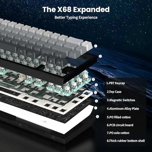 ATTACK SHARK X68 HE 8000Hz Rapid Trigger Keyboard, 0.01mm RT Accuracy Wired Gaming Keyboard with Magnetic Switch, Adjustable Actuation, Rapid Trigger, Snap Tap, RGB Lighting for PC/Mac, Moonlight