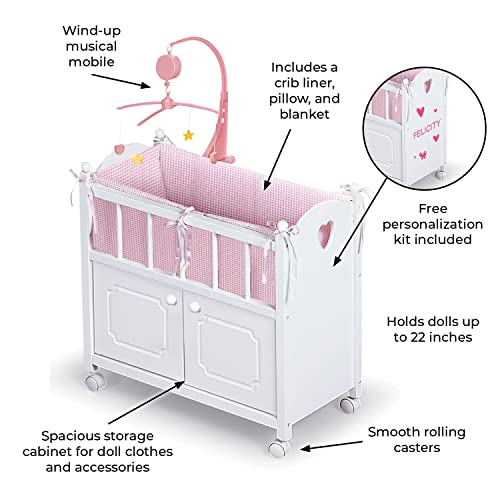 BADGER BASKET WOODEN TOY DOLL BED WITH STORAGE, MOBILE, AND BEDDING TO PRETEND AND PLAY – INCLUDES WHEELS AND FREE PERSONALIZATION KIT – WHITE WITH PINK GINGHAM FABRIC