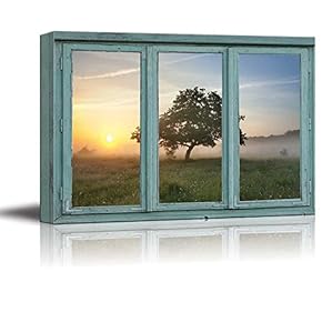 Cool Mist in a Spring Meadow During The Early Morning Hours with a Lone Tree - Canvas Art Home Art - 24x36 inches