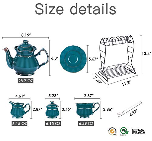 22-Piece Porcelain Ceramic Tea Gift Set with Metal Holder, Coffee Service Set with Cups, Saucers, Teapot, Sugar Bowl, Creamer and Teaspoons.