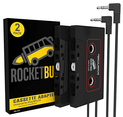 2-Pack RocketBus RB-20R Cassette Adapters with Aux 3.5mm Plug Jack Cable for Car Stereo Tape Deck Player Radio Receiver Auxiliary Cord to Cell Phone MP3 CD Player iPhone