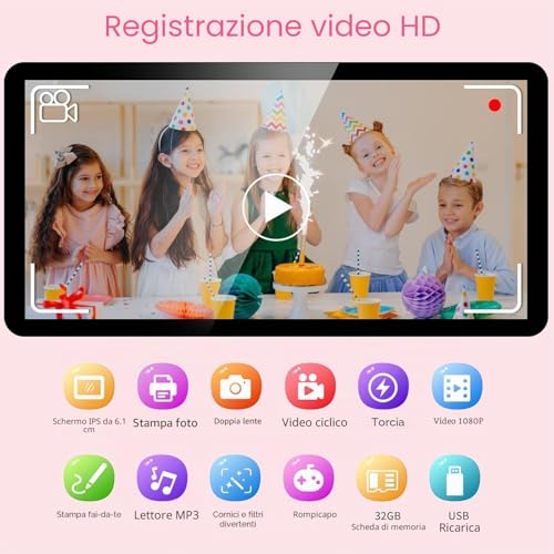 ASTGMI Children's Instant Camera, 2.4 Inch 1080P Children's Selfie Camera with Printing Paper and 32GB Card, Toy Christmas Gift Boy and Girl 3 4 5 6 7 8 Years (Pink)