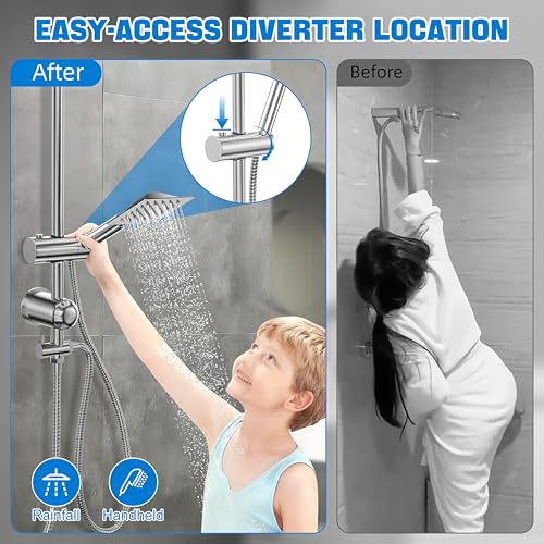 Kezidhp Shower Column without Hydromassage Mixer, Shower Rail with Rain Shower, 30 x 30 cm, Stainless Steel Column, Adjustable Wall Mount