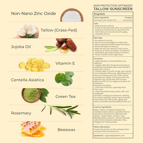 Beef Tallow Sunscreen SPF 50 with Mineral : Instant Sun Protection Non Nano Zinc Oxide Sunblock- Non Greasy Formula- Beach Jogging Outdoor Sports - 3 Fl oz, 85g