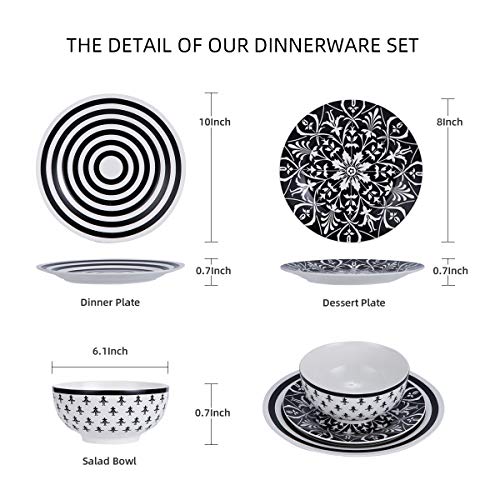 12 Piece Dinnerware Set,Floral Round Dinnerware Set Services for 4,Black