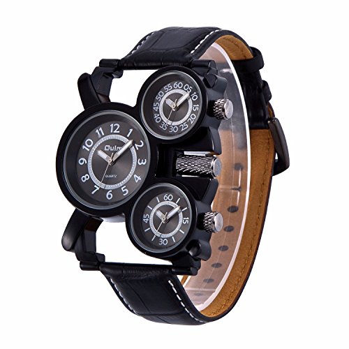 Mens Big Face Unique Military Watch - Three Black Analog Dials, Japan Quartz & Genuine Strap