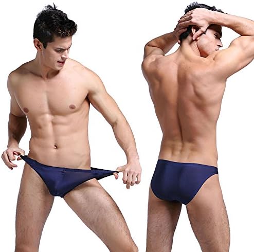 Men's Ice Silk Underwear Mid Rise Solid Sexy Bikini Briefs Navy XXXL